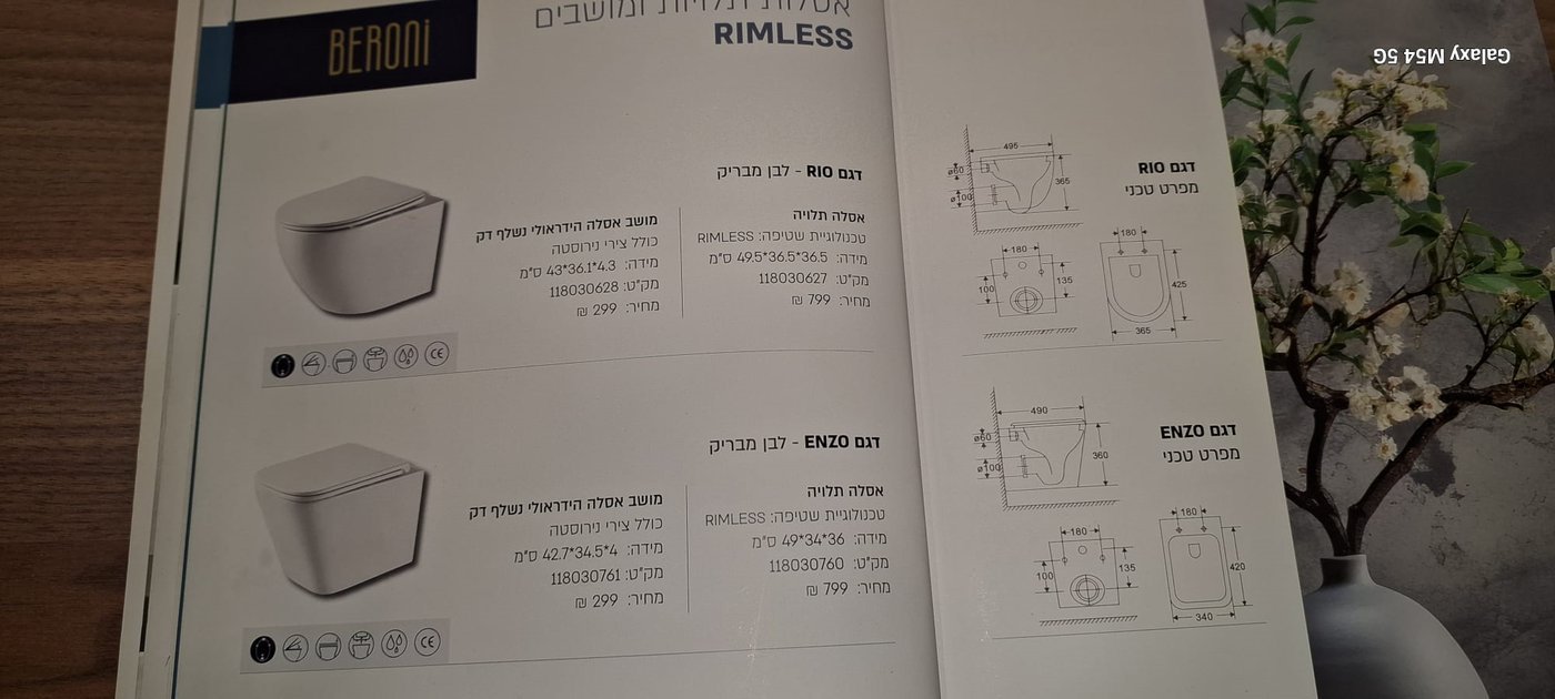 مرحاض معلق ריו רימלס 49 ס``מ أبيض لامع مع مقعد هيدروليك